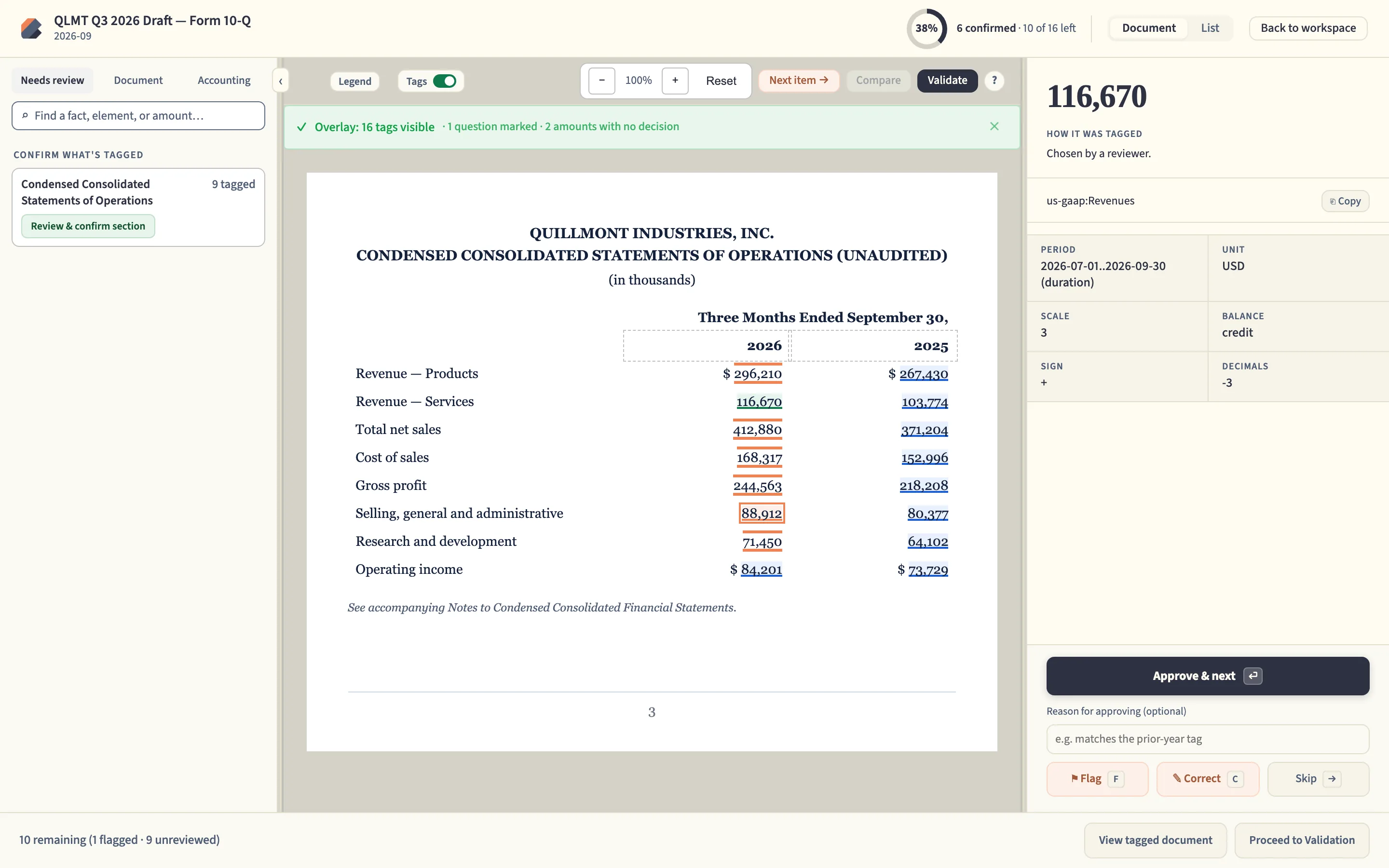 BluePrint’s tag review page for a Form 10-Q statement of operations, with the Services revenue amount of 116,670 selected and the inspector showing the element us-gaap:Revenues, the July 1 to September 30, 2026 period, USD, scale 3 and a credit balance.