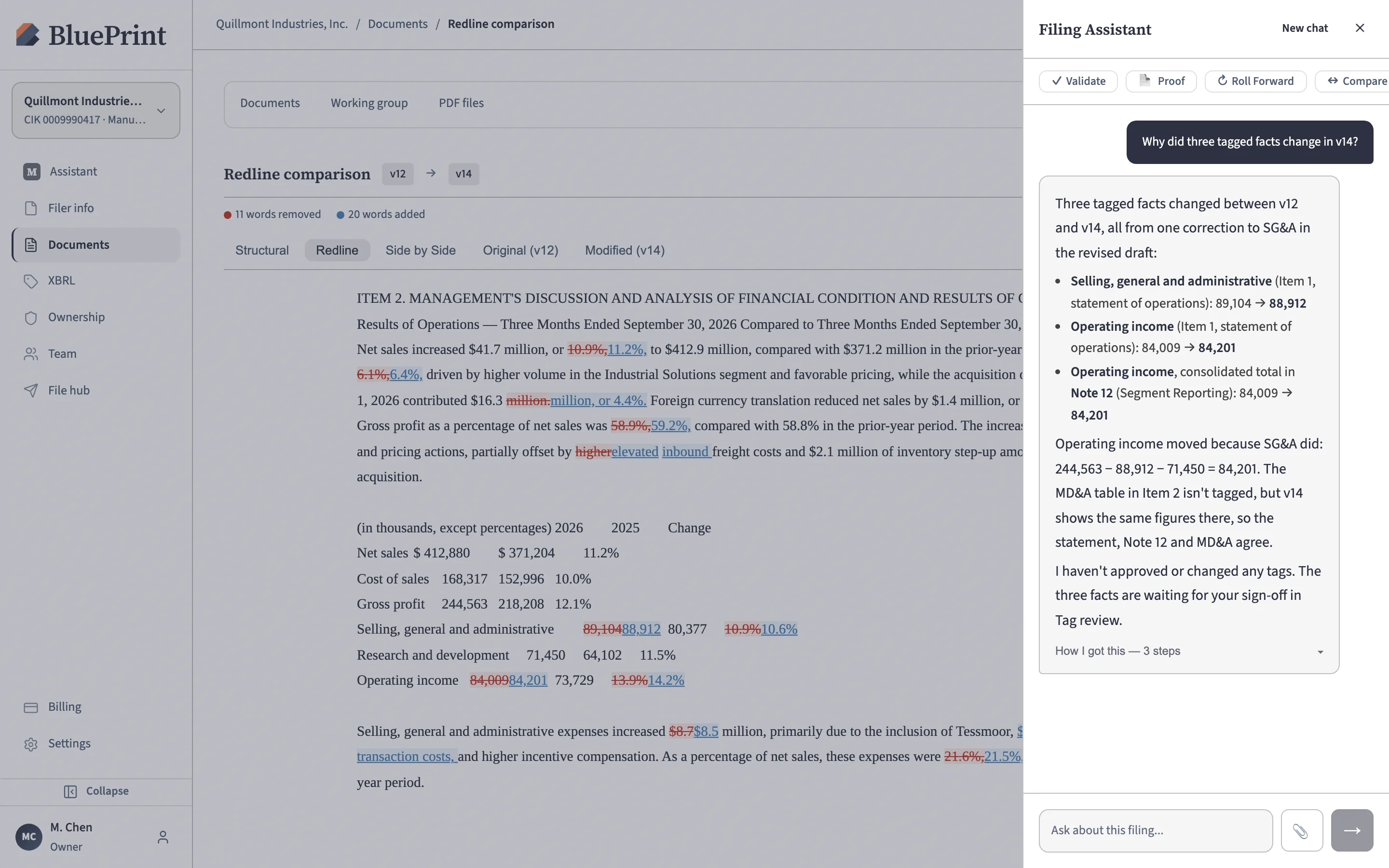 The Filing Assistant panel open over a Form 10-Q redline, answering why three tagged facts changed in version 14 — SG&A from 89,104 to 88,912 and operating income from 84,009 to 84,201 in the statement and Note 12 — and stating that it has not approved or changed any tags.