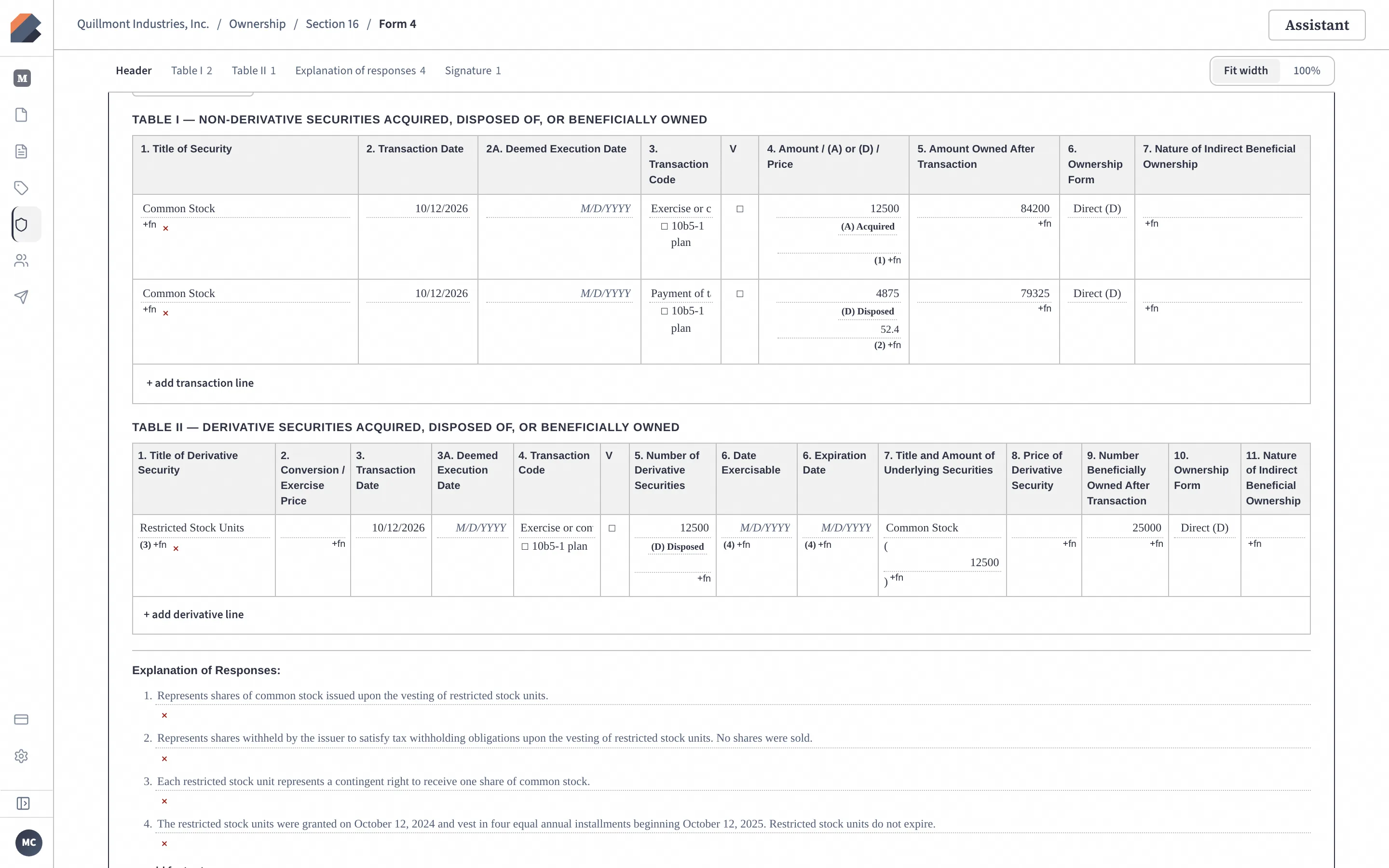 A Form 4 for Margaret L. Chen open in BluePrint’s Section 16 form editor, showing Table I with a restricted stock unit vesting (code M) of 12,500 shares and a tax withholding (code F) of 4,875 shares leaving 79,325 shares, and Table II below.