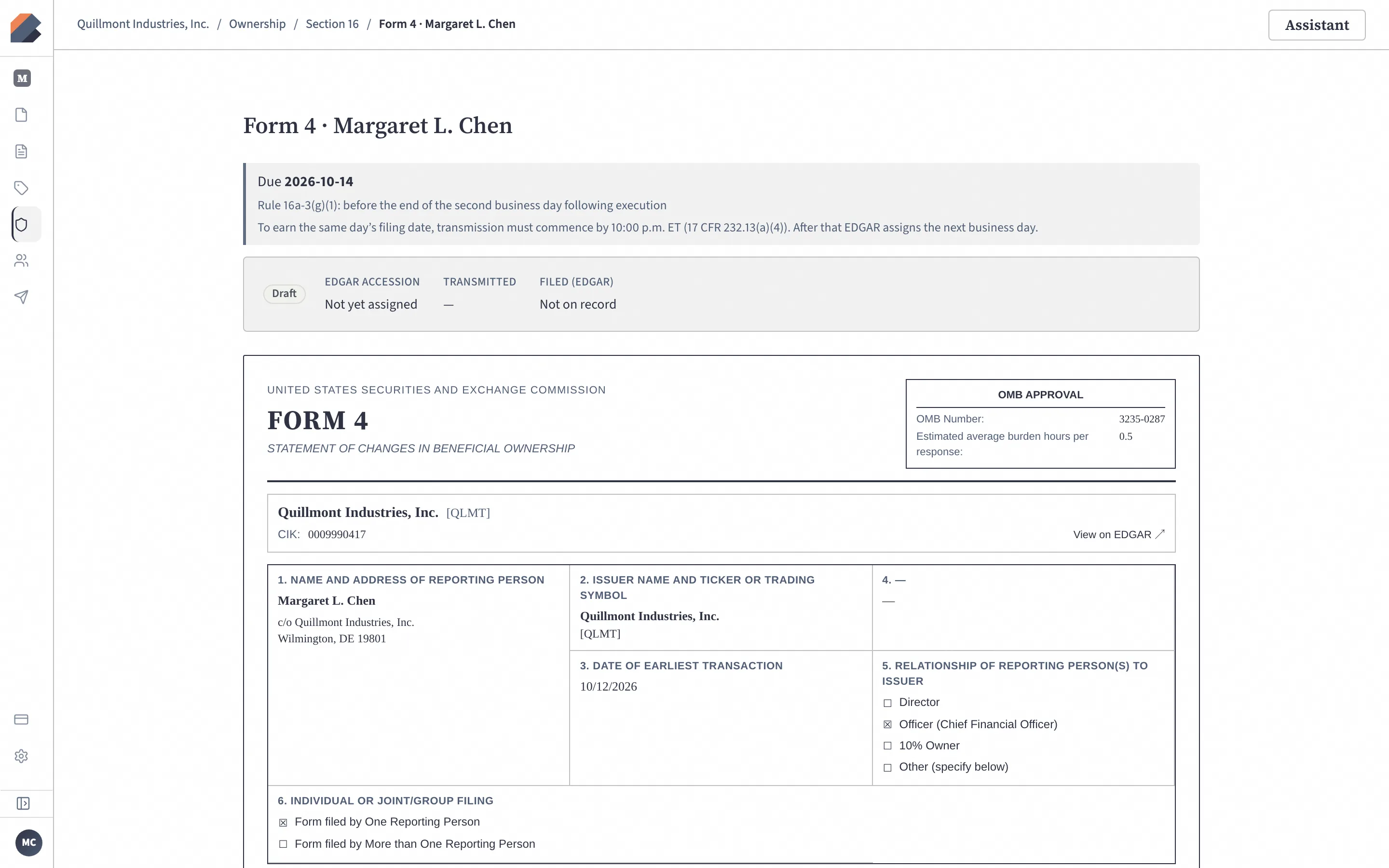 A draft Form 4 for Margaret L. Chen on BluePrint’s Section 16 filing page, with a notice that it is due 2026-10-14 under Rule 16a-3(g)(1) and must be transmitted by 10:00 p.m. ET, above the rendered form header for Quillmont Industries, Inc. (QLMT).