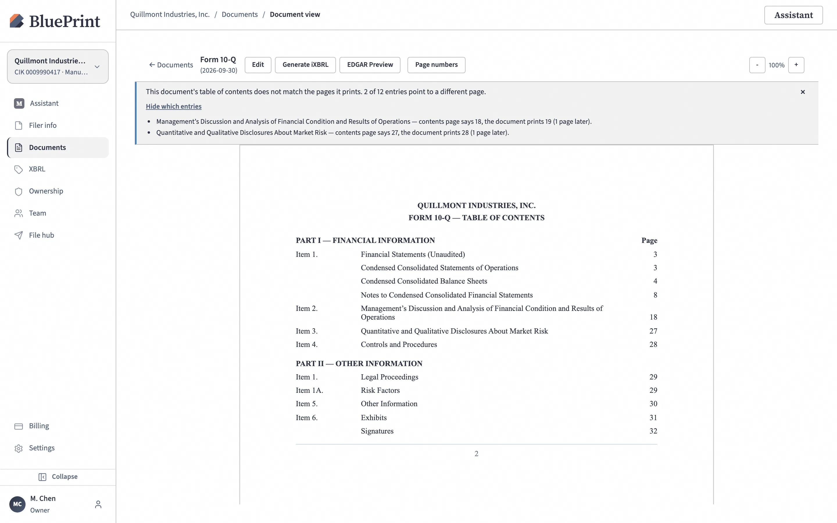 BluePrint’s Document view of a Form 10-Q with a banner reporting that 2 of 12 table-of-contents entries point to a different page — MD&A (contents page 18, document page 19) and Item 3 (27 vs 28) — above the document’s contents page.
